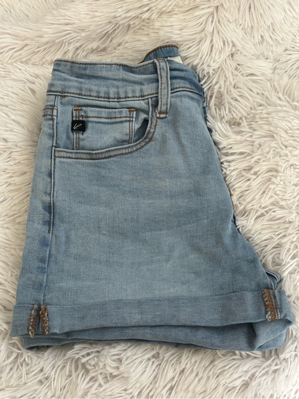KanCan Light Blue Denim Shorts with Brown Topstitching